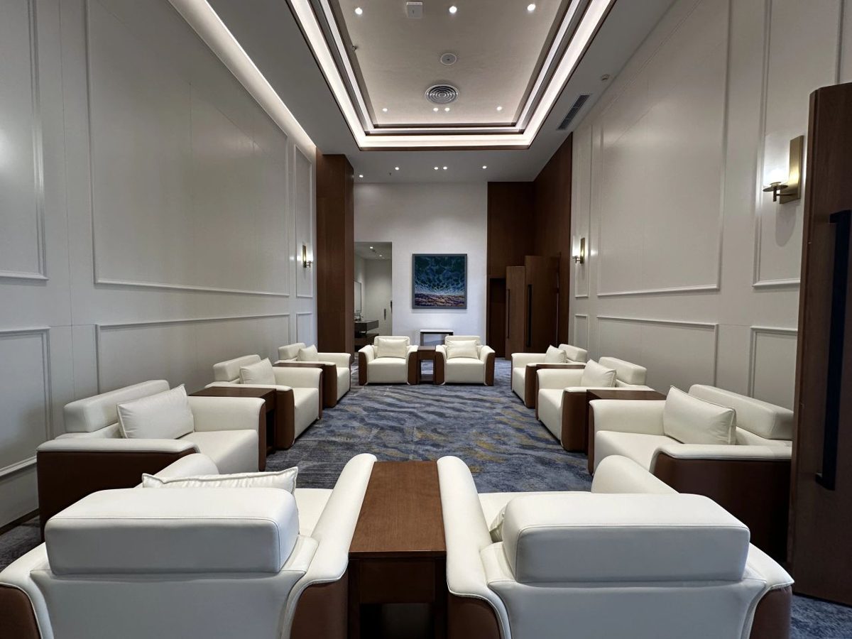 Hotel lobby lounge with contemporary seating