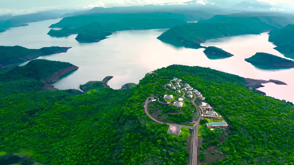 Aerial view of an island resort